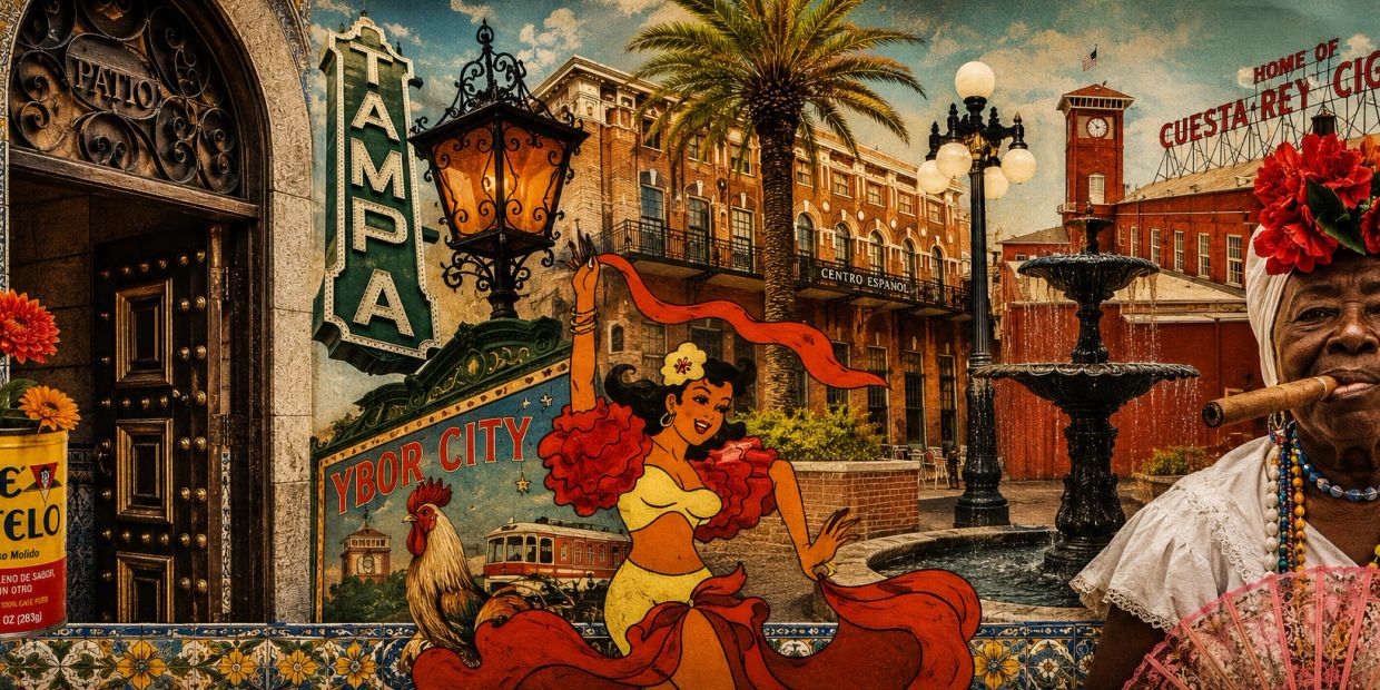 Colorful Tampa mural with dancer and cigar lady.