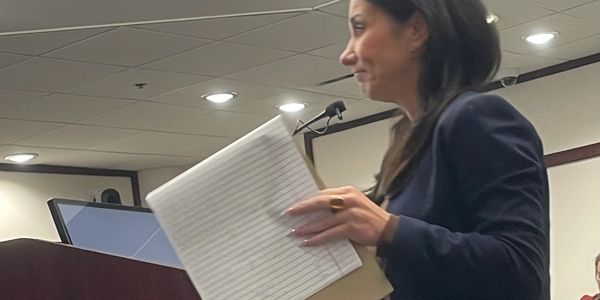 Woman speaking and holding paperwork by a podium.