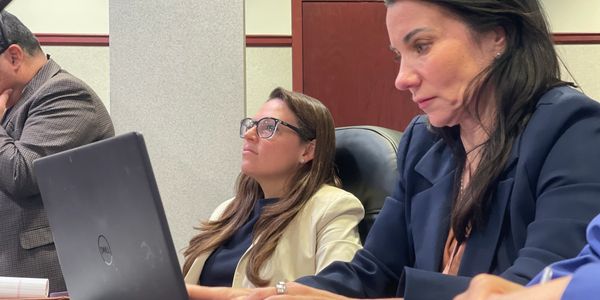 Two women working intently on laptops in a meeting.