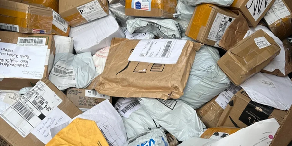 Close-up view of a stack of unopened unclaimed mail packages