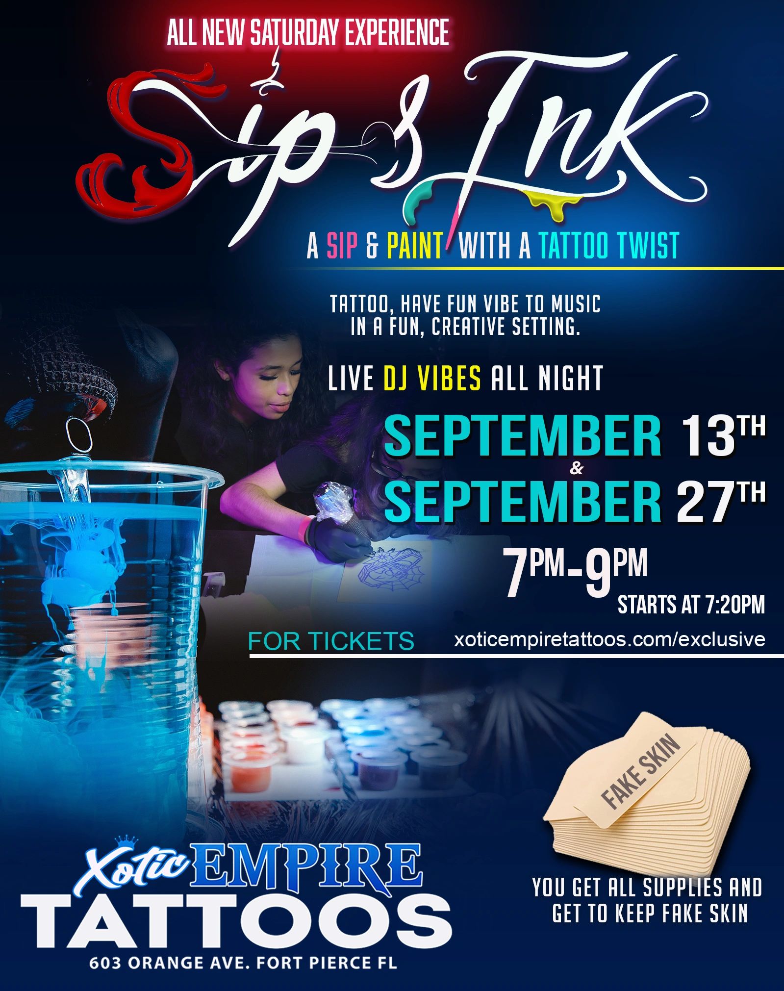 Sip &amp; Ink: a sip and paint event with a tattoo twist on September 13th and 27th at Xotic Empire Tattoos.