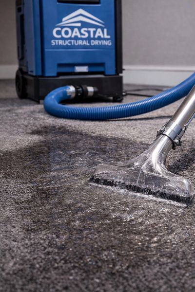 Professional carpet cleaning with a blue Coastal Structural Drying machine.