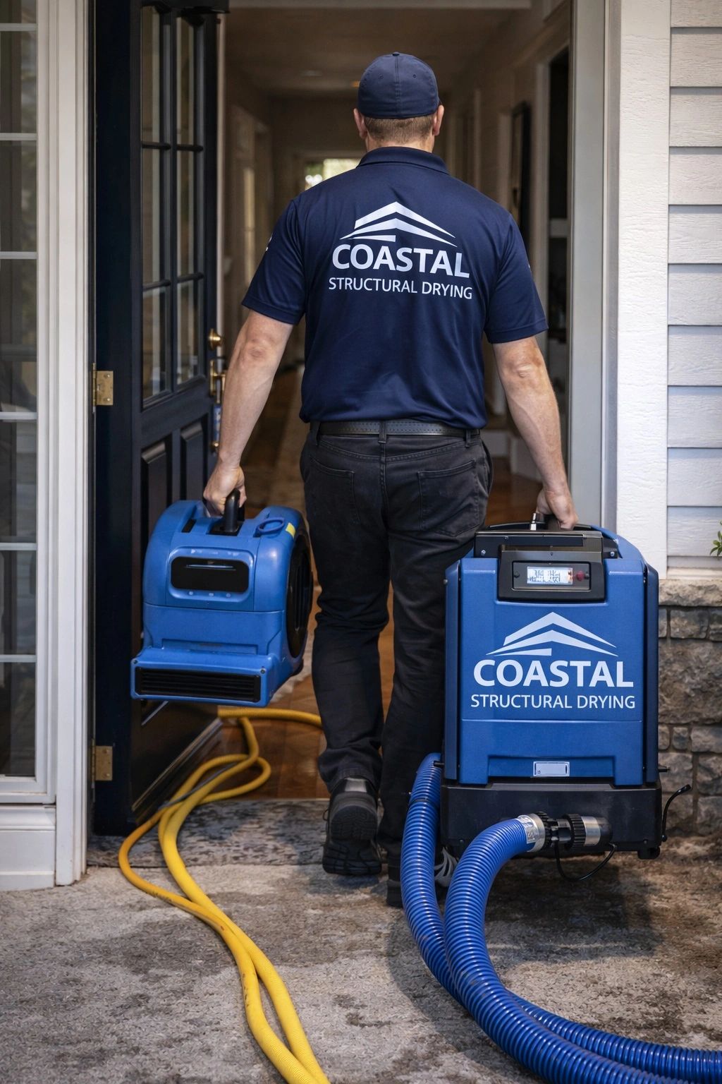 Technician carrying drying equipment into a house for structural drying.