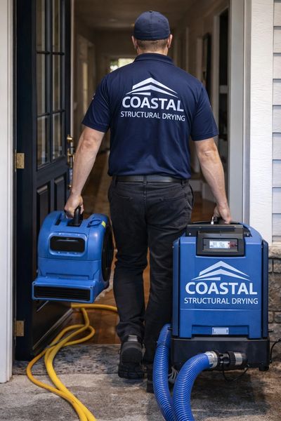 Technician carrying Coastal Structural Drying equipment into a building.