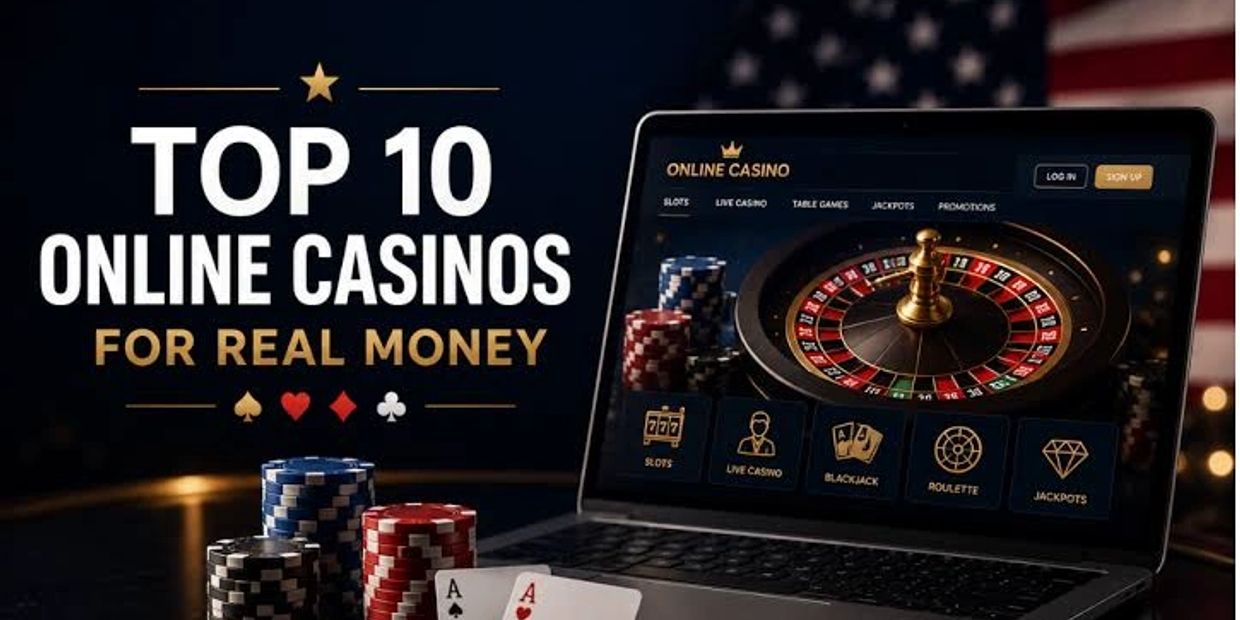 Top 10 online casinos for real money with poker chips and roulette on laptop.
