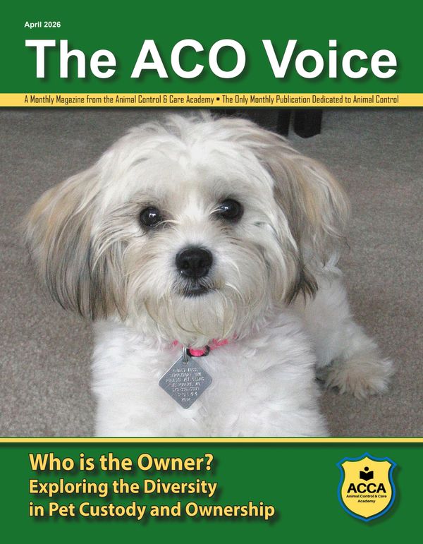 Cover of The ACO Voice magazine featuring a small white dog and pet ownership topic.