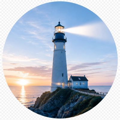 A lighthouse shining at sunset on rocky coast.