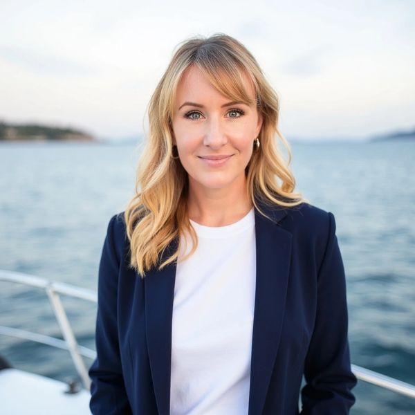 Smiling woman with blonde hair in a navy blazer by the water.