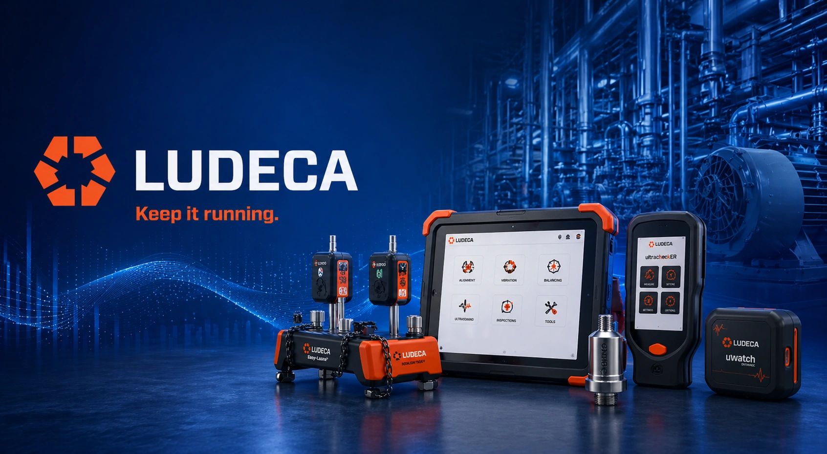 LUDECA industrial diagnostic tools with tablet interface for machinery maintenance.