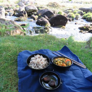 A picnic of rice and vegetables on grass by a stream