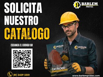 Worker promoting Barlem Protec's catalog with QR code for easy access.