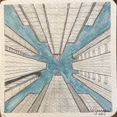 Sketch of skyscrapers viewed from below against a blue sky.