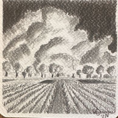 Black and white drawing of a field and cloudy sky.