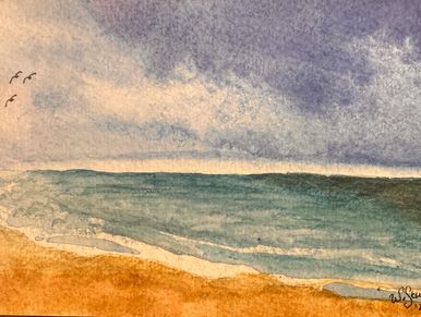 Watercolor painting of a beach with birds and cloudy sky.