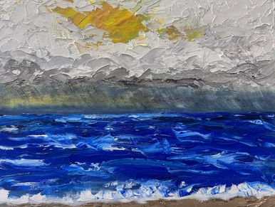Textured seascape painting with vibrant blues and grays.