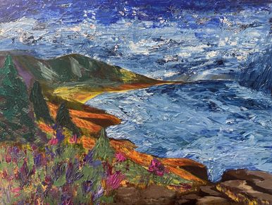 Colorful landscape painting of a coastal scene.