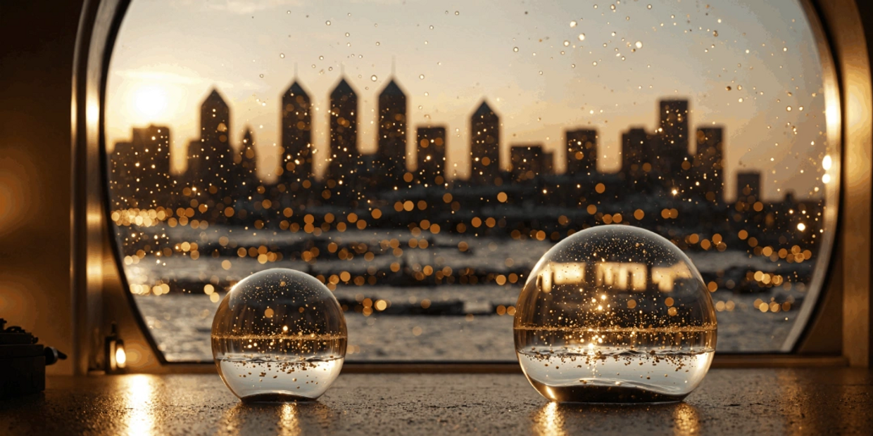 Two glass spheres on a table with a city skyline blurred in the background at sunset.