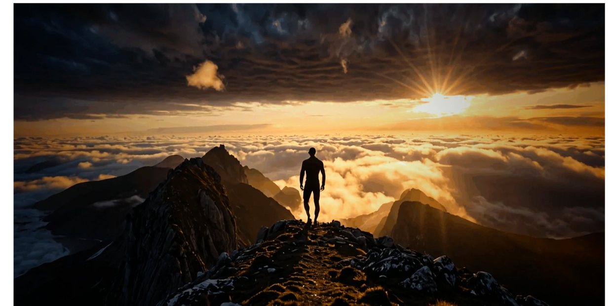 Silhouette of a person standing on a mountain peak at sunset above the clouds.