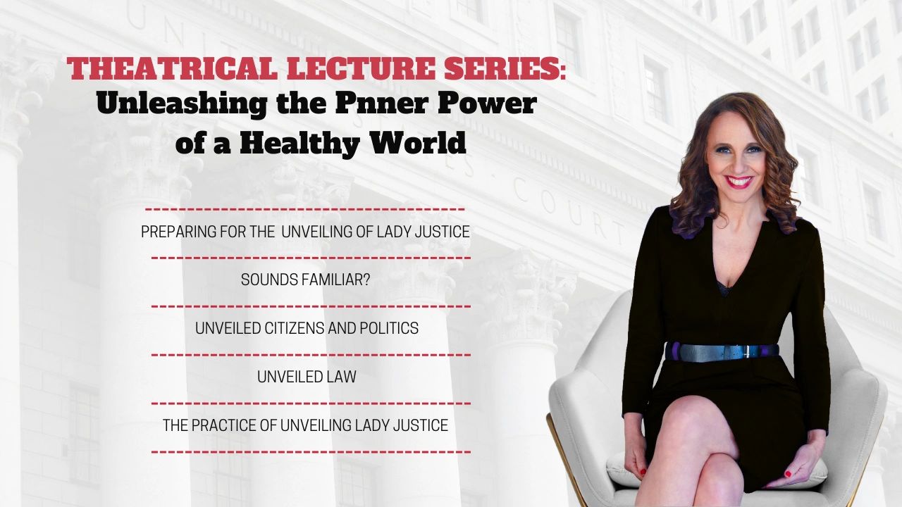 Theatrical lecture on unleashing inner power for a healthy world with a smiling woman.
