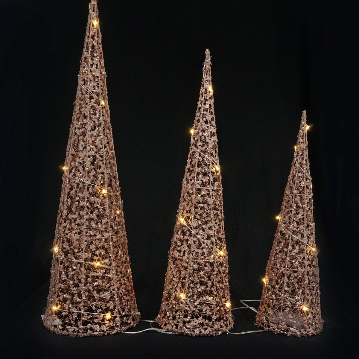 3pc Glitter Cone LED Indoor Christmas Trees Rose Gold Decoration