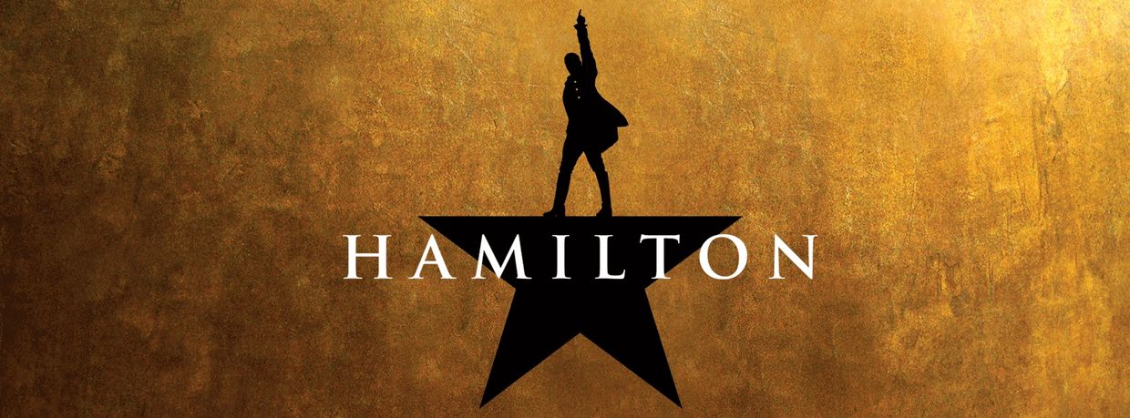 Logo of the musical Hamilton with a silhouette standing on a star.