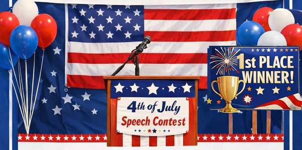 Podium decorated for 4th of July speech contest with American flags and balloons.
