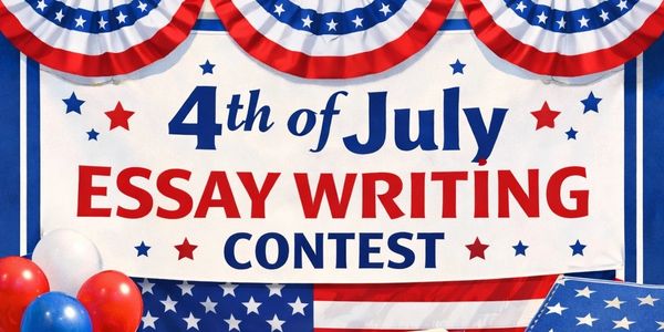4th of July Essay Writing Contest banner with patriotic decorations.