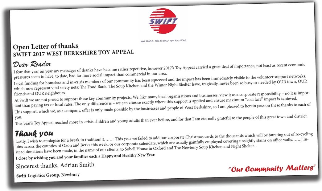 Thank you letter from Swift Logistics for 2017 West Berkshire Toy Appeal.
