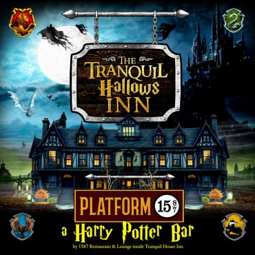Sign for The Tranquil Hallows Inn, a Harry Potter-themed bar.