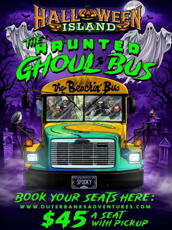 Halloween Island Haunted Ghoul Bus poster with spooky characters on a bus.