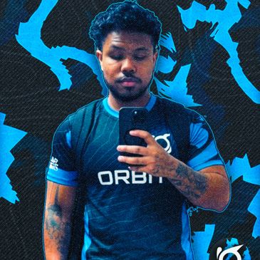 Man taking a selfie in a blue-themed graphic design background.
