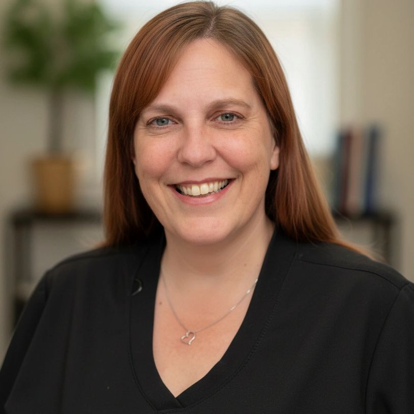 Smiling woman with long brown hair wearing a black top and a heart necklace.