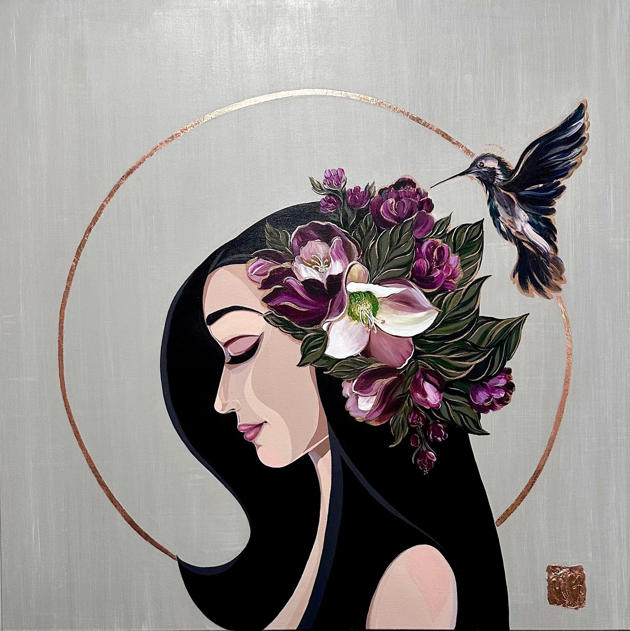 fille et colibri, Acrylique et feuilles de cuivres. 