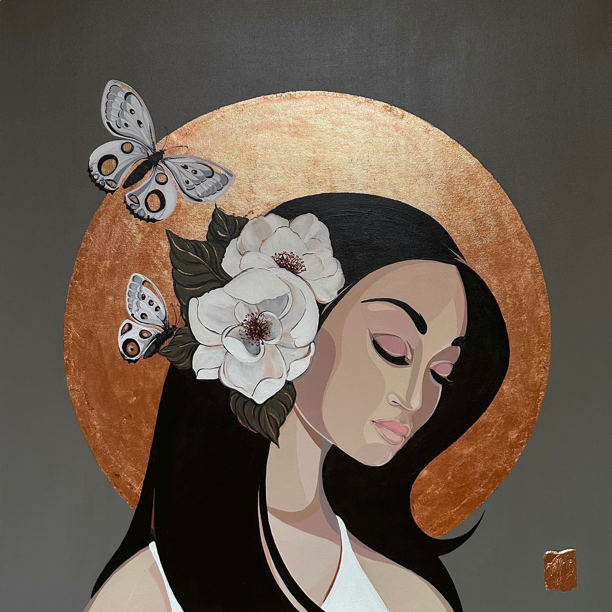Belles de nuit,  30 X 30 pouces, Acrylique et feuilles de cuivres