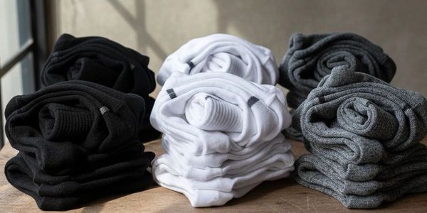 Stacks of black, white, and gray folded socks on a wooden table.