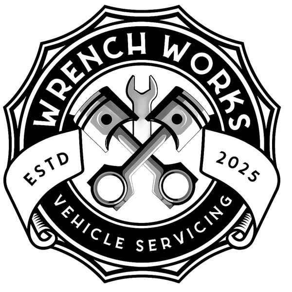 Black and white logo for Wrench Works vehicle servicing. Auto repair horley, car servicing and vehicle maintenance