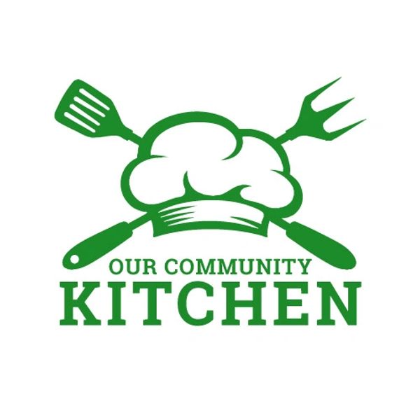 Green logo with chef hat and kitchen utensils for Our Community Kitchen.