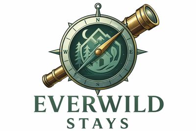 A compass with mountains and trees, labeled 'EVERWILD STAYS'.