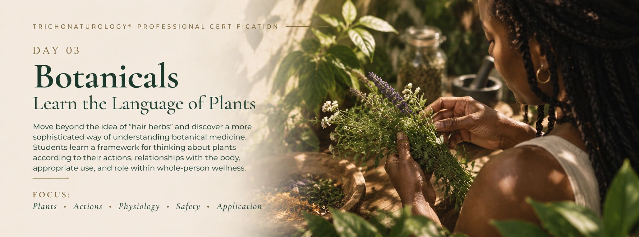 Woman examining fresh herbs in a botanical workshop.