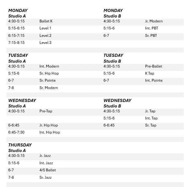 Dance class schedule for Monday to Thursday, in Studio A and B.