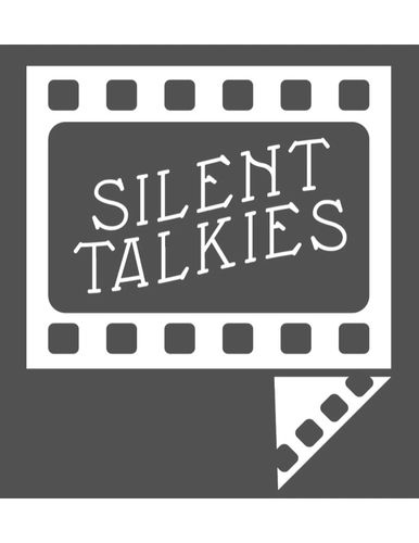 Black and white film strip forming a speech bubble, with 'Silent Talkies' text inside.