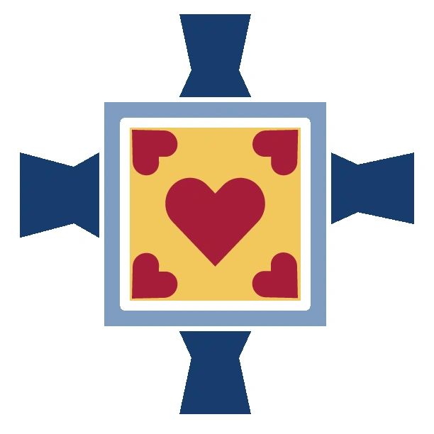 A symmetrical design with hearts and blue shapes.