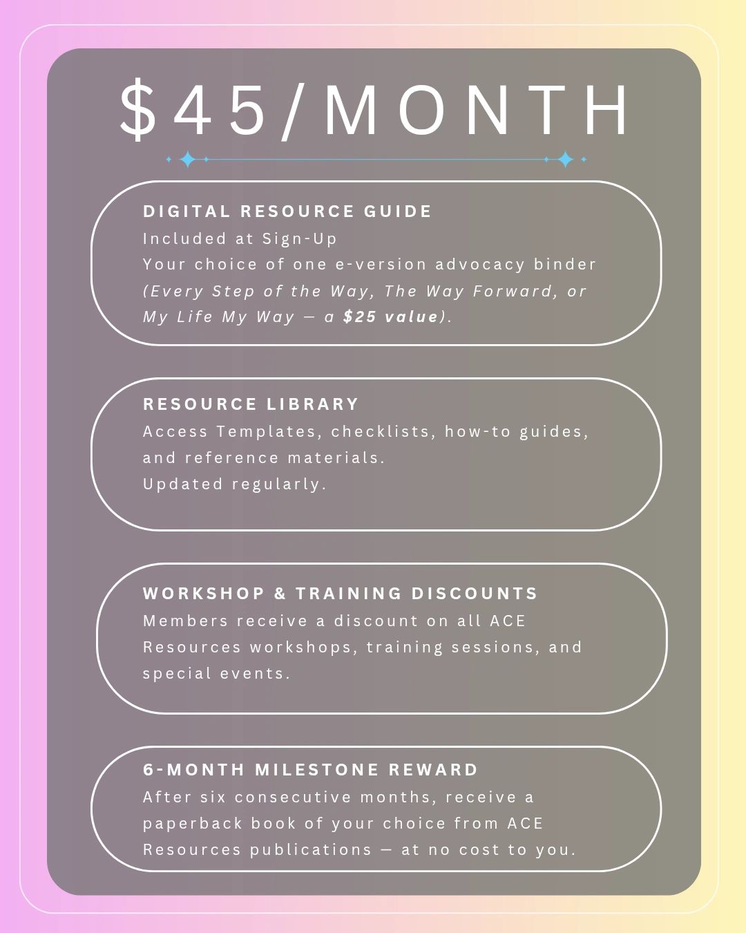 Pricing and benefits for $45/month membership plan.