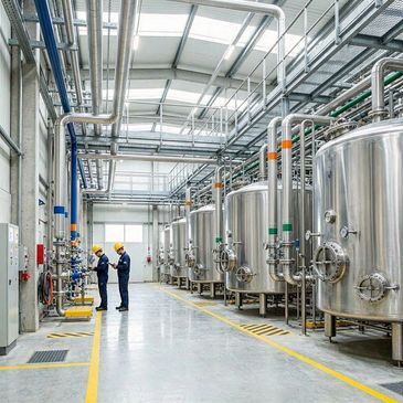 Two workers inspecting large stainless steel tanks in a clean industrial facility.