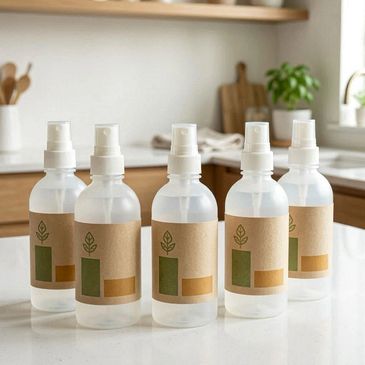 Five clear spray bottles with minimalist brown labels on a kitchen counter.
