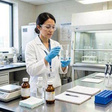 Scientist in a lab coat conducting an experiment with chemicals in a laboratory.
