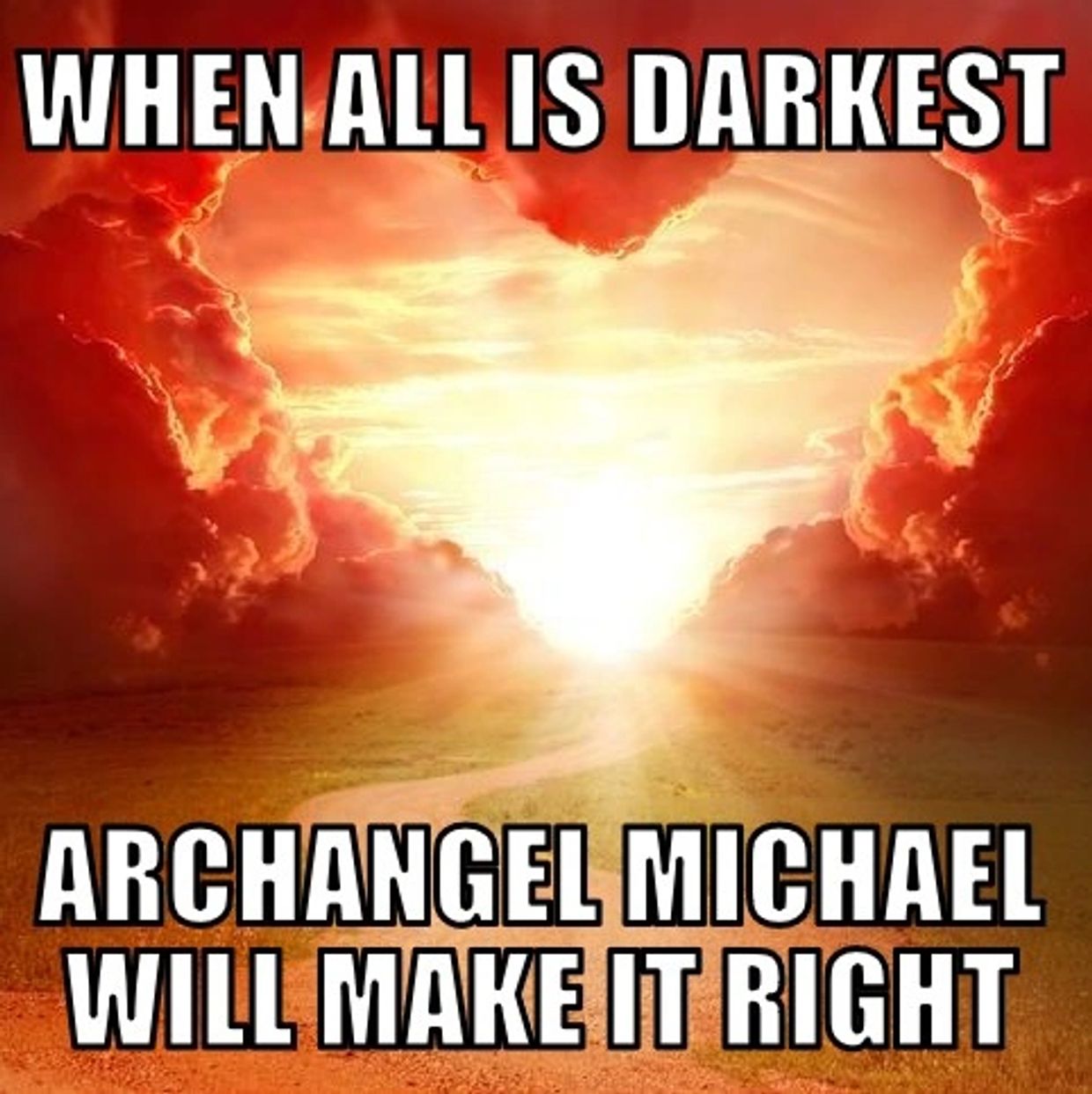 Sunlight breaks through heart-shaped clouds with hopeful text about Archangel Michael.
