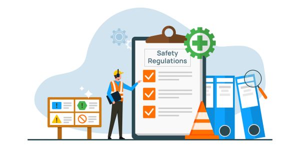 Illustration of a worker reviewing safety regulations checklist with warning signs and folders.