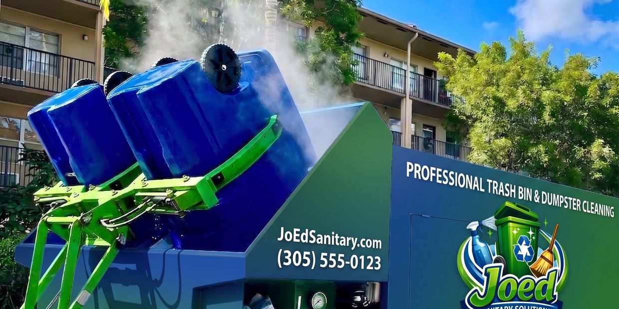 Professional trash bin cleaning with blue bins being washed by green machinery outdoors.