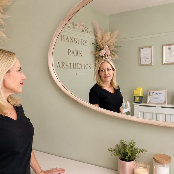 Woman looking at her reflection in a large mirror in a calm aesthetic clinic.
